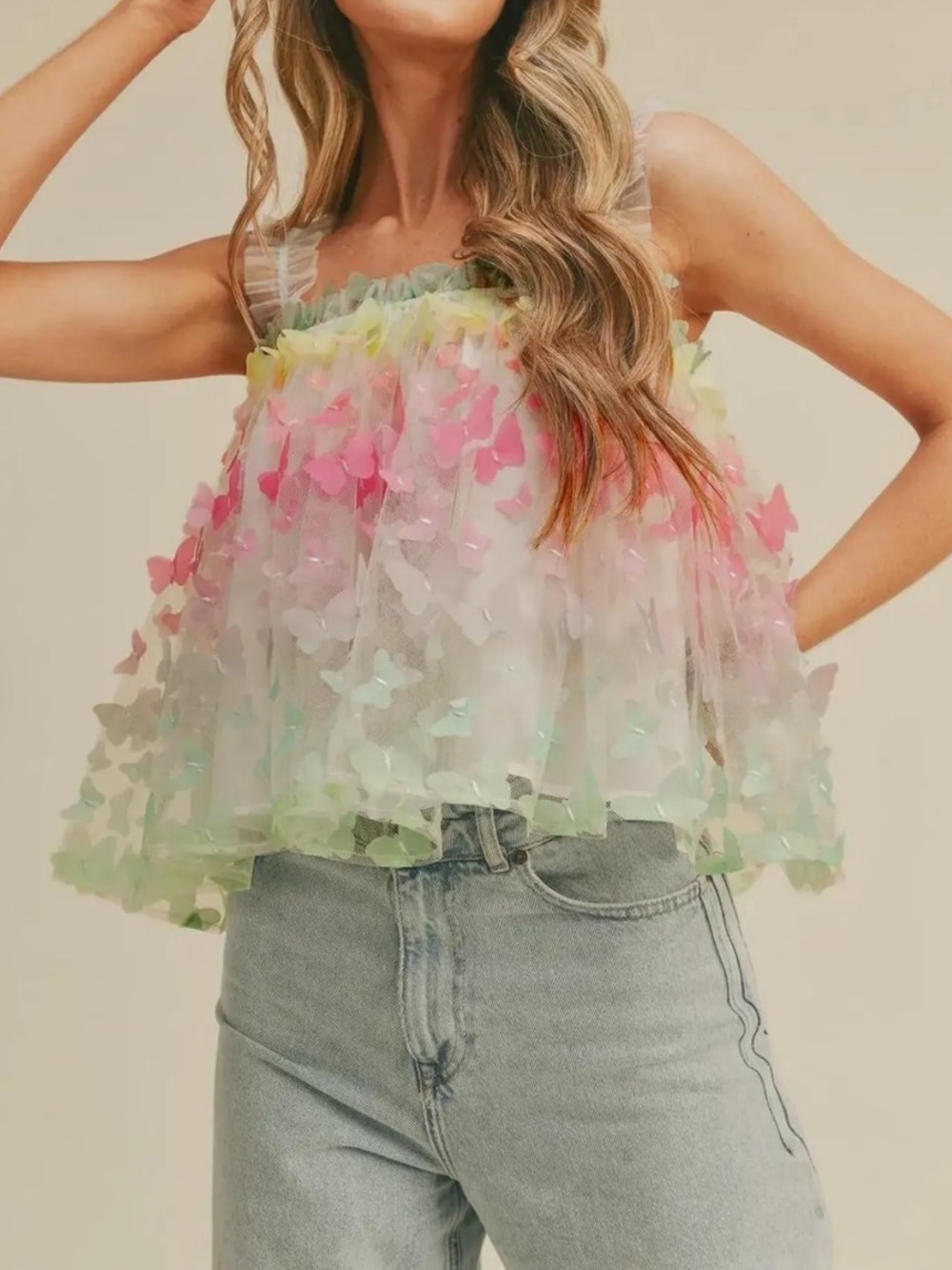 NWT Impressions Ombré Butterfly Appliqué Ruffle Top